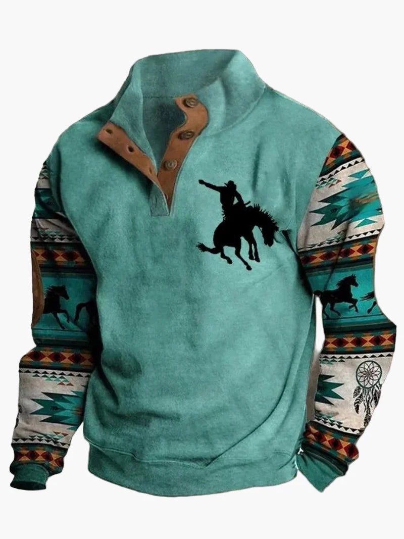 Sudadera para hombre estilo western vintage con estampado de vaquero, cuello alto, mangas largas – Ideal para el invierno y el ocio