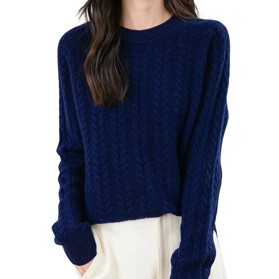 Women's soft cable-knit crew-neck sweater with long sleeves