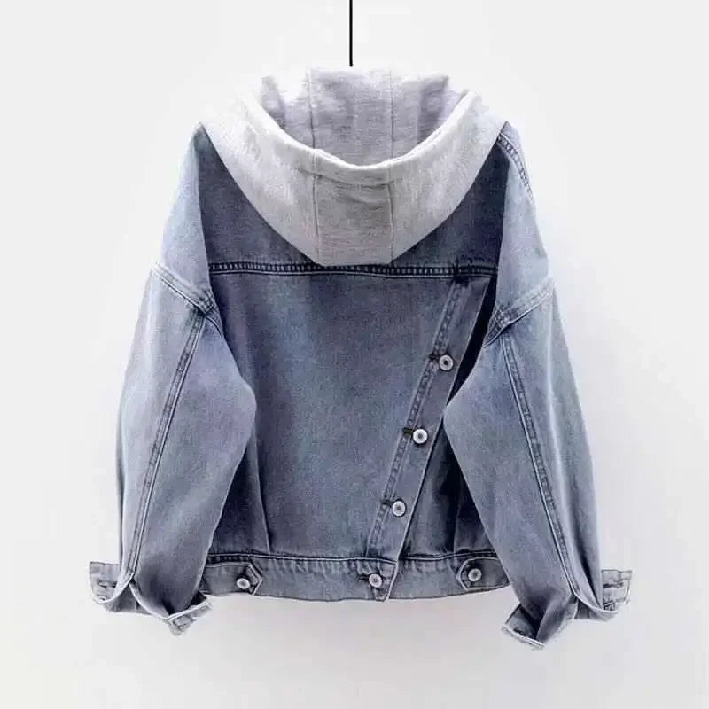 Women's Gray Washed Denim Jacket with Integrated Hood
