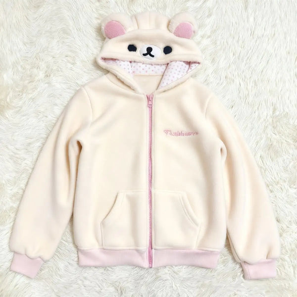Beiger Fleece-Kapuzenpullover für Damen mit Reißverschluss, Ohren und Tiergesicht
