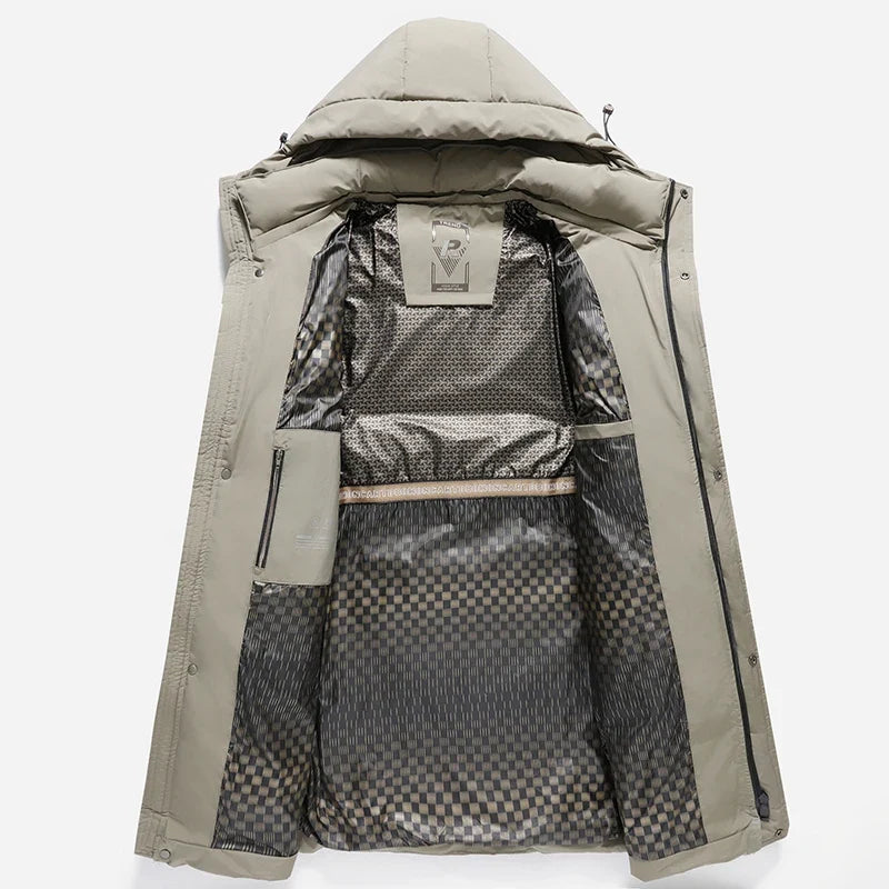 Long black quilted hooded men's puffer coat
