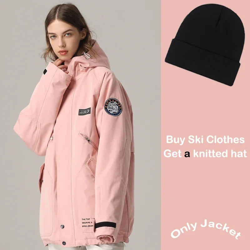 Giacca da sci impermeabile unisex con cappuccio, bianco sporco per snowboard e sport invernali