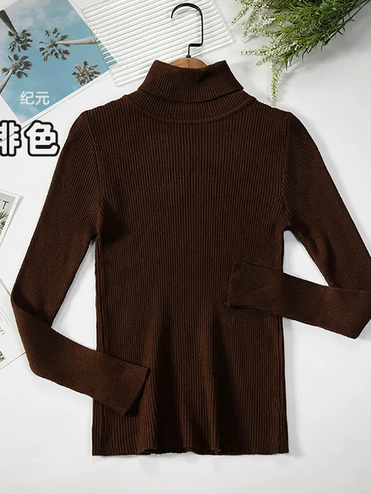Damen-Rollkragenpullover aus Rippstrick mit langen Ärmeln, einfarbig