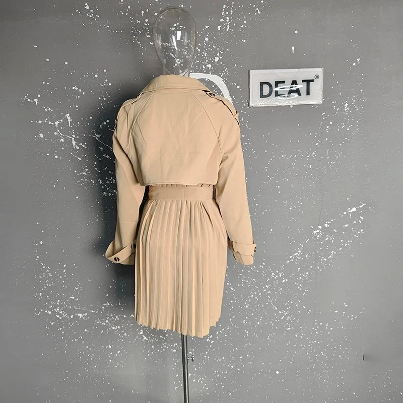 Chic Beige Pleated Women's Trench Coat with Belt
