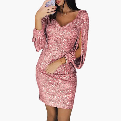 Elegant palietteret aftenkjole til kvinder med slidser i ærmerne, glamourøst look til ceremonier og fester
