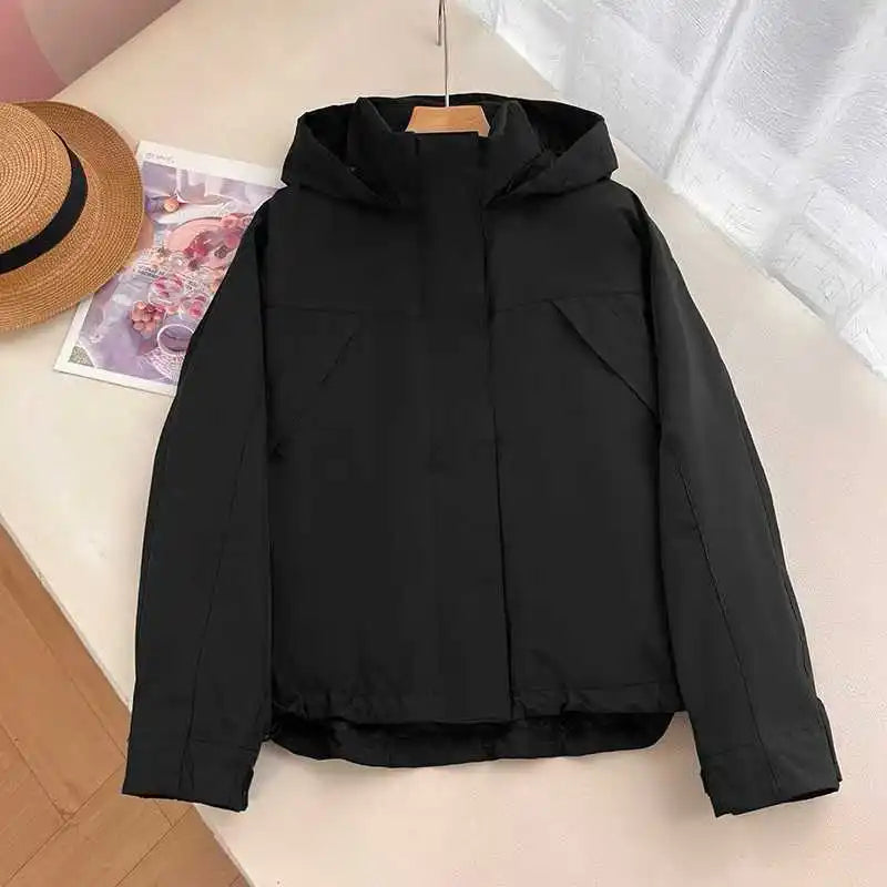 Blouson court à capuche femme avec cordon de serrage taille, couleur unie