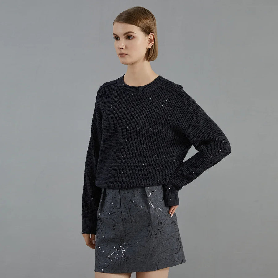 Jersey de punto gofrado de cuello redondo para mujer