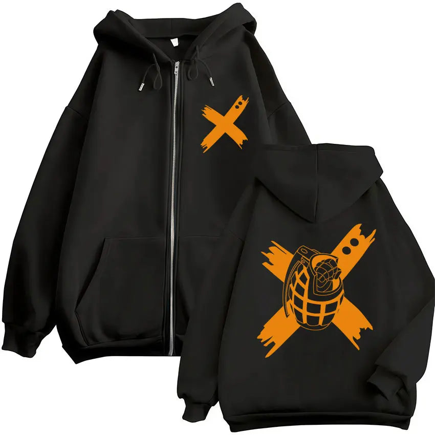 Sweat à capuche zippé imprimé motif fantaisie avec poches kangourou