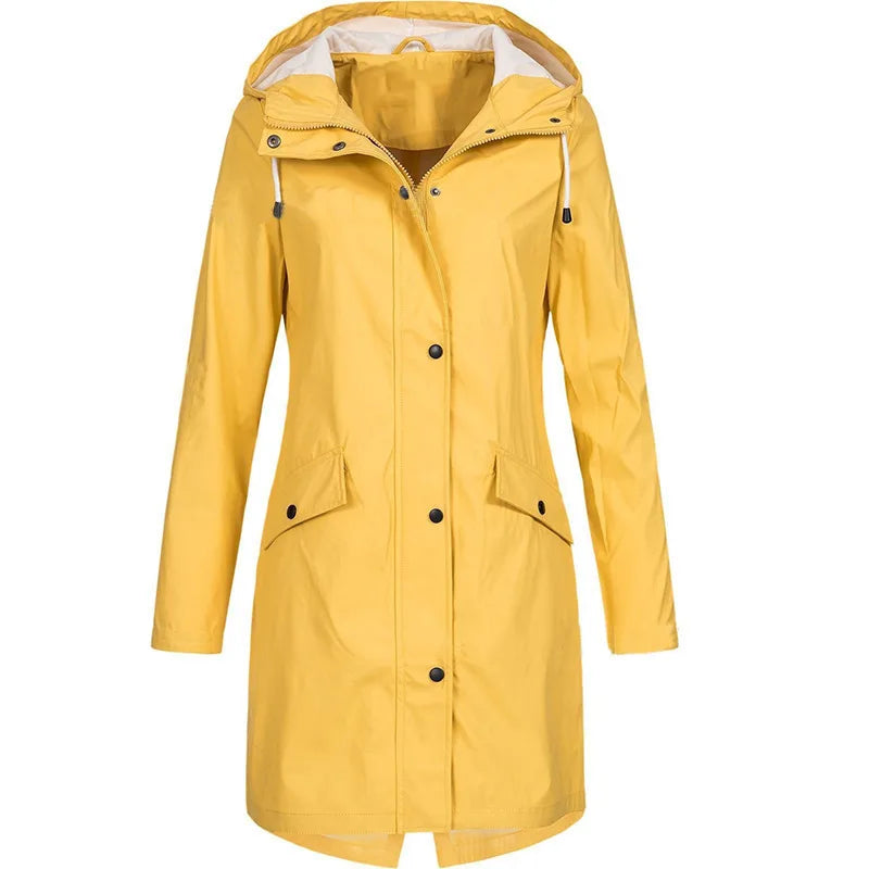 Imperméable long femme à capuche vert kaki avec poches et boutons-pression