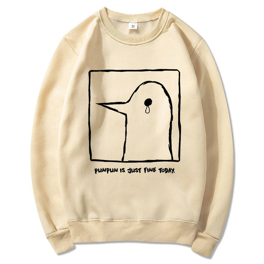 Oversize-Kapuzenpullover in Beige mit Motiv des traurigen Vogels „Punpun“