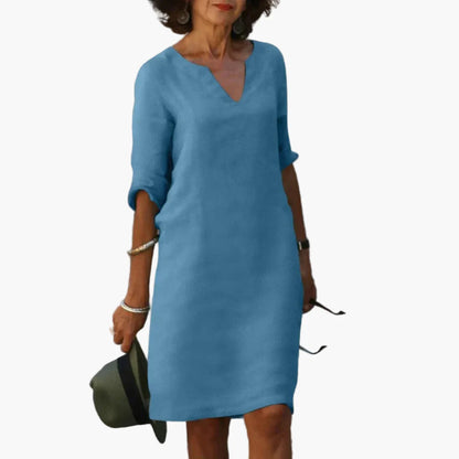 Robe Femme Élégante Décontractée à Col V et Manches 3/4 – Style Polyvalent pour Bureau et Loisirs