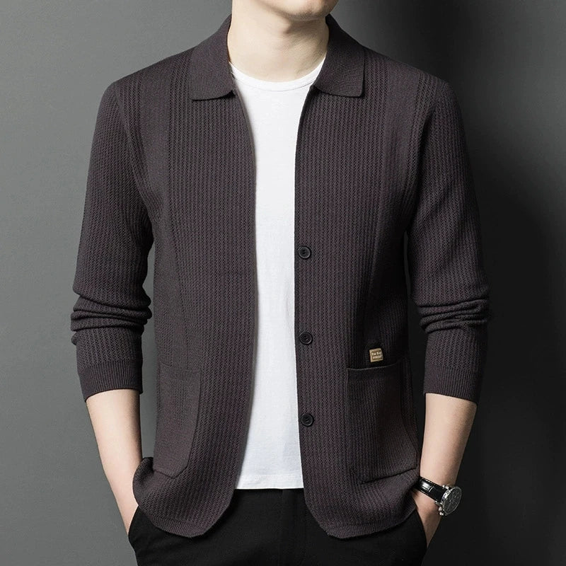 Cardigan Homme Tricot Col Polo Boutonné Poches Plaquées