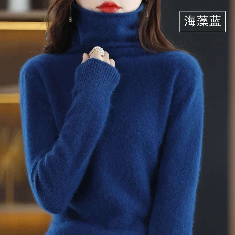 Pull col roulé femme en tricot doux, manches longues uni