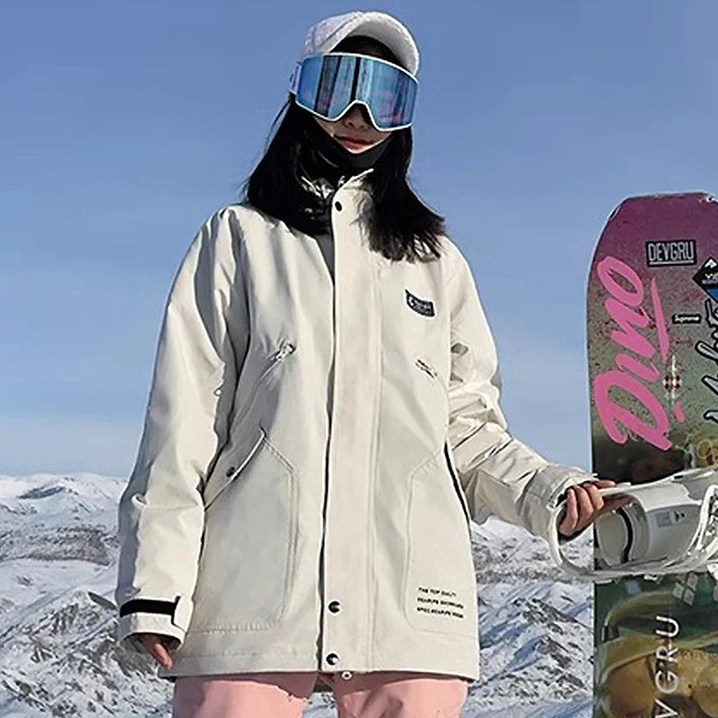 Giacca da sci impermeabile unisex con cappuccio, bianco sporco per snowboard e sport invernali