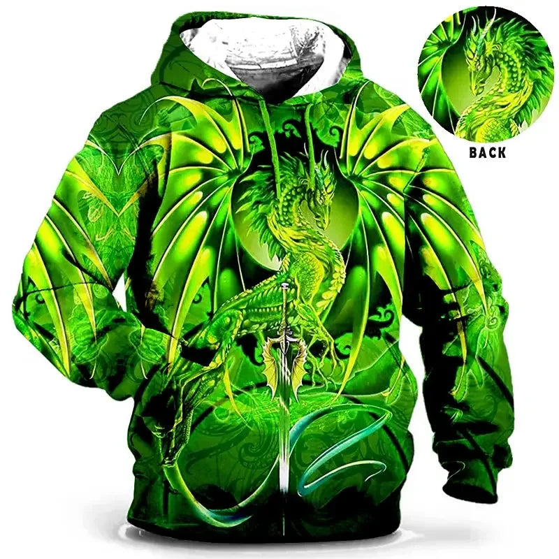 Unisex hettegenser med blått bevinget dragemotiv og heldekkende grafisk motiv