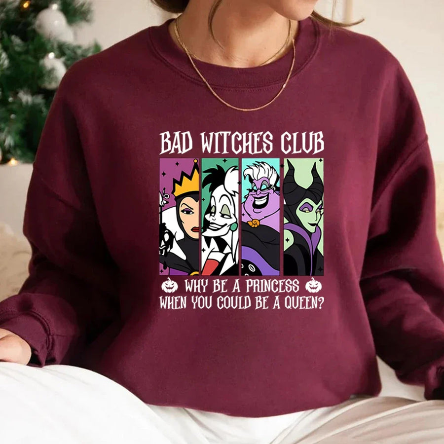 Damska bluza z okrągłym dekoltem i nadrukiem „Bad Witches Club”, z długimi rękawami, casualowa