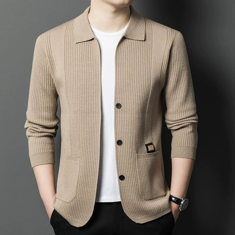 Cardigan Homme Tricot Col Polo Boutonné Poches Plaquées
