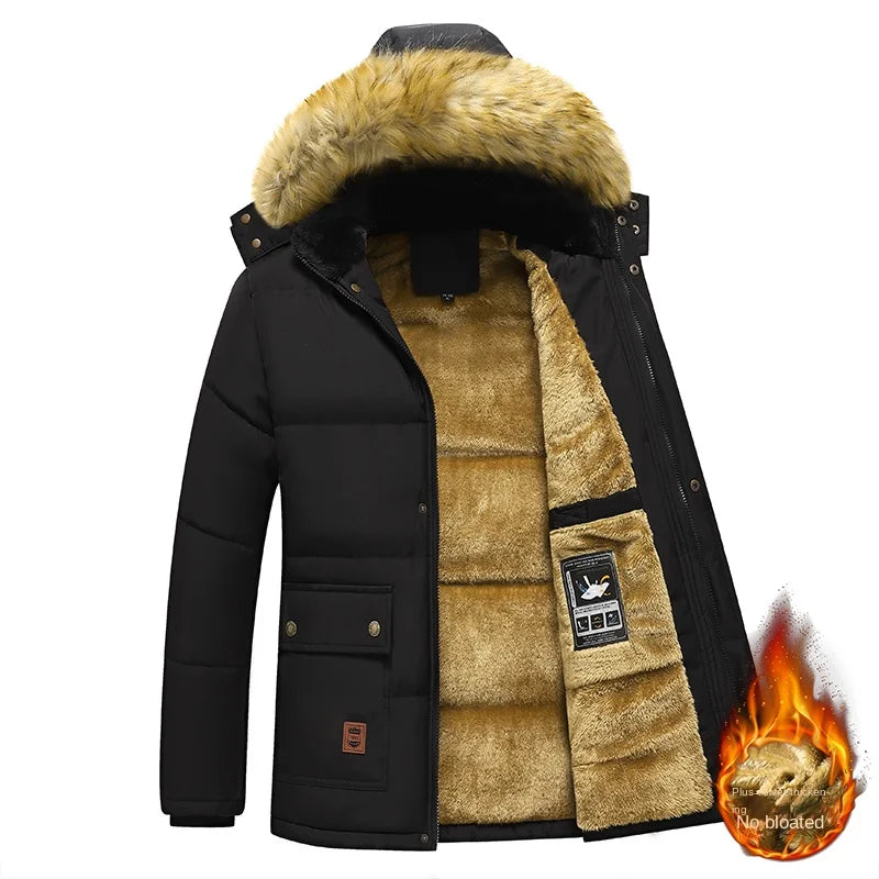Warm Black Men's Winter Coat with Faux Fur-Trimmed Hood and Thick Lining