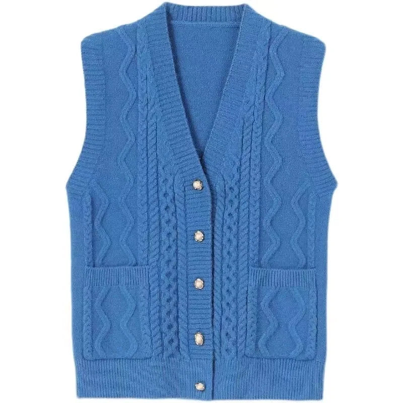 Chaleco de punto sin mangas para mujer, cuello en V, motivo de trenzas y botones
