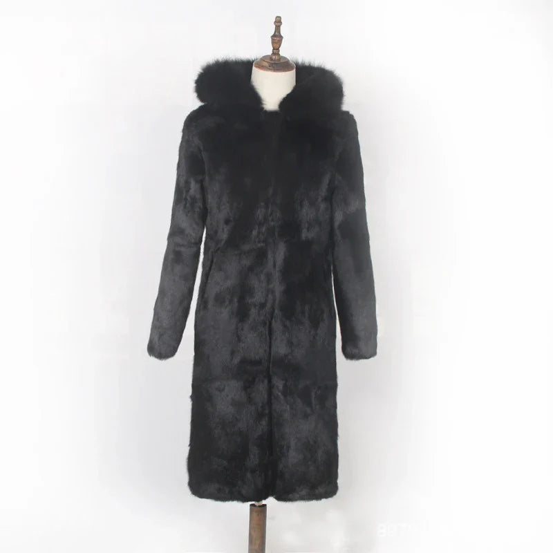 Manteau long noir à capuche en fausse fourrure pour femme