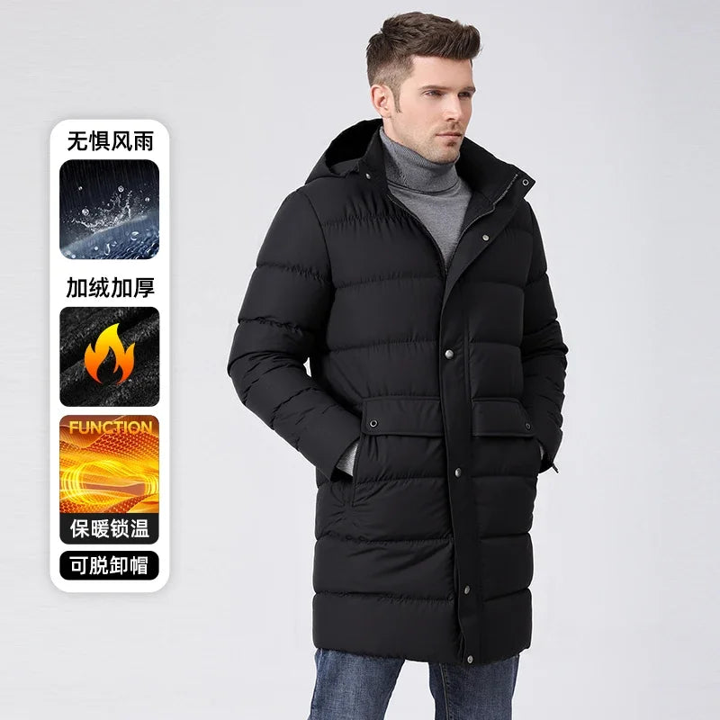 Abrigo largo acolchado de hombre con capucha desmontable, impermeable y cortavientos