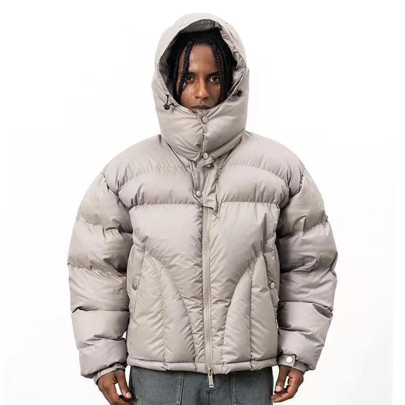Men's short hooded quilted puffer jacket - Loose fit, zip and snap-button closure