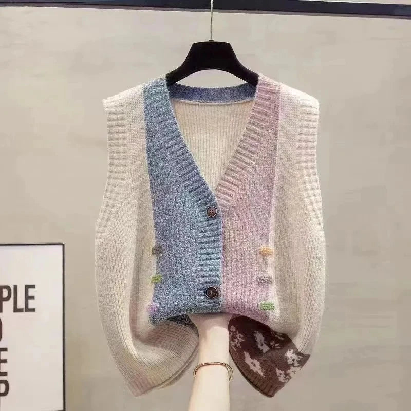 Gilet da donna in maglia senza maniche, multicolore, con scollo a V e bottoni decorativi