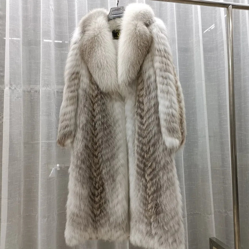 Manteau long pour femme en fausse fourrure à motif chevrons et col large