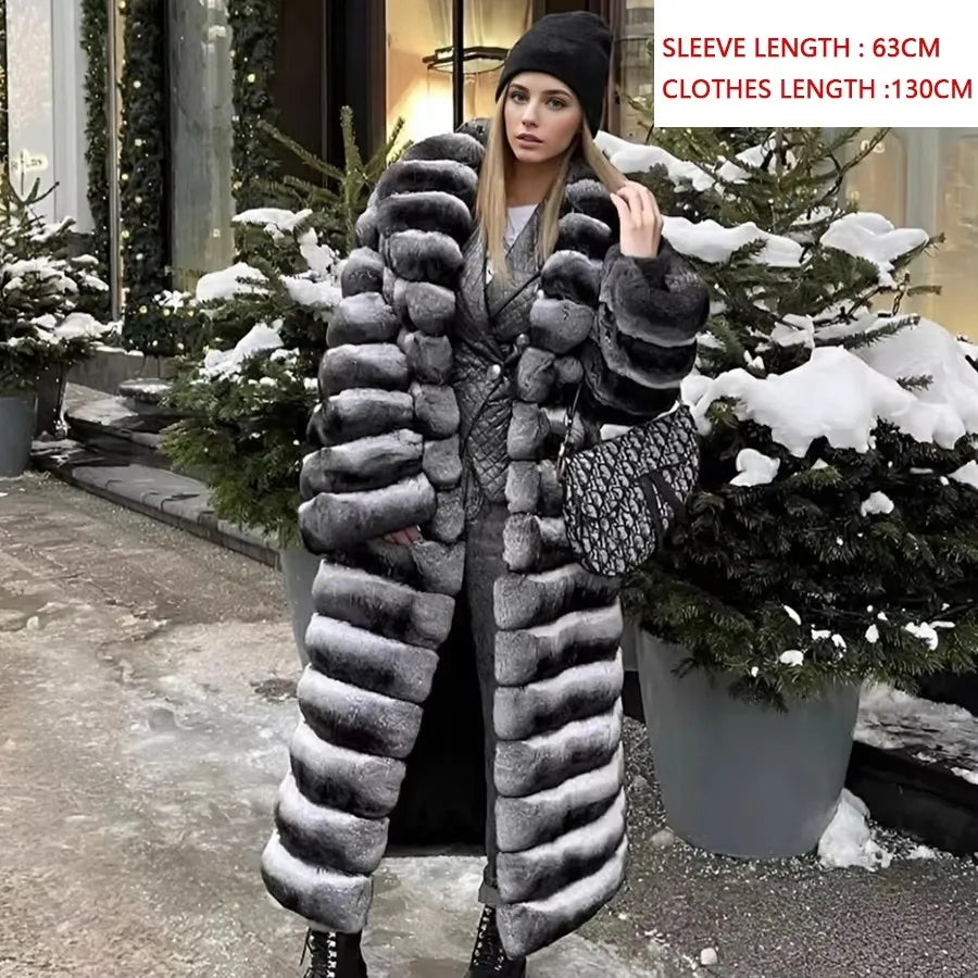Thick, warm black-and-white striped faux-fur long coat for women