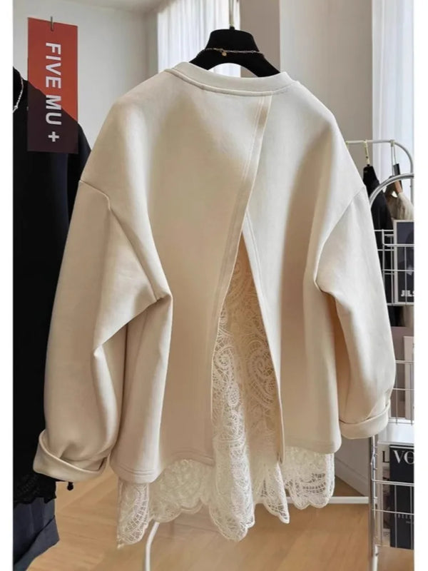 Pull femme ample avec dos fendu et superposition de dentelle