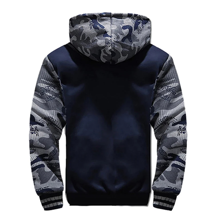 Giacca da uomo con cappuccio foderata in pile, vestibilità casual, chiusura con zip, multicolore