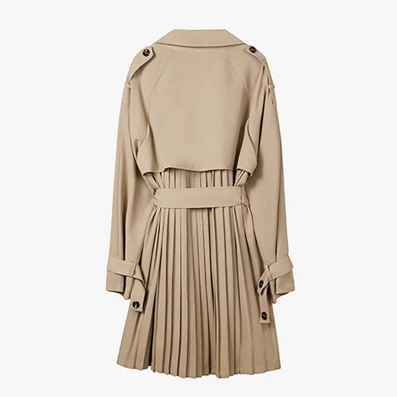 Chic Beige Pleated Women's Trench Coat with Belt