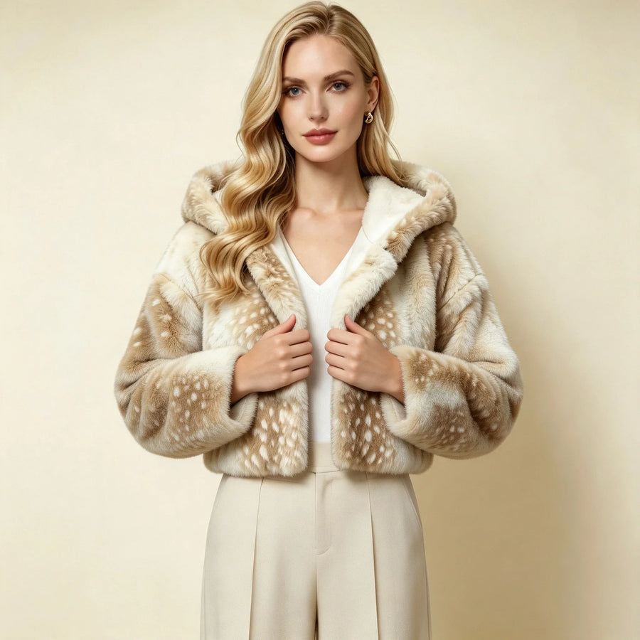 Kort damjacka med huva i mjukt material med beige mockaimitationstryck