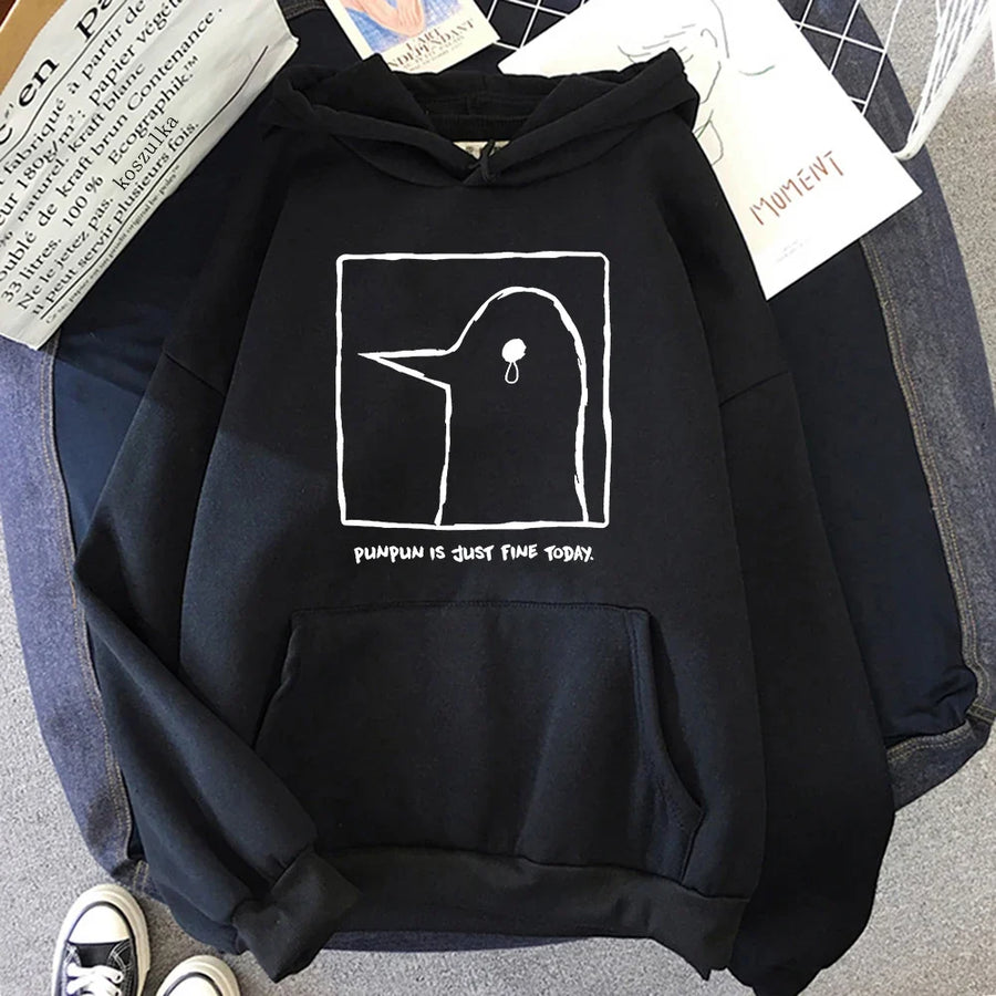 Oversize-Kapuzenpullover in Beige mit Motiv des traurigen Vogels „Punpun“