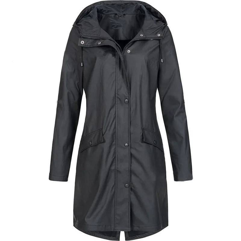 Imperméable long femme à capuche vert kaki avec poches et boutons-pression