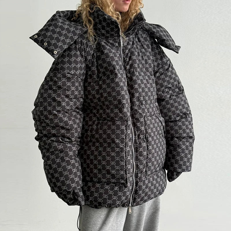 Oversized vatteret dunjakke til kvinder med hætte og print