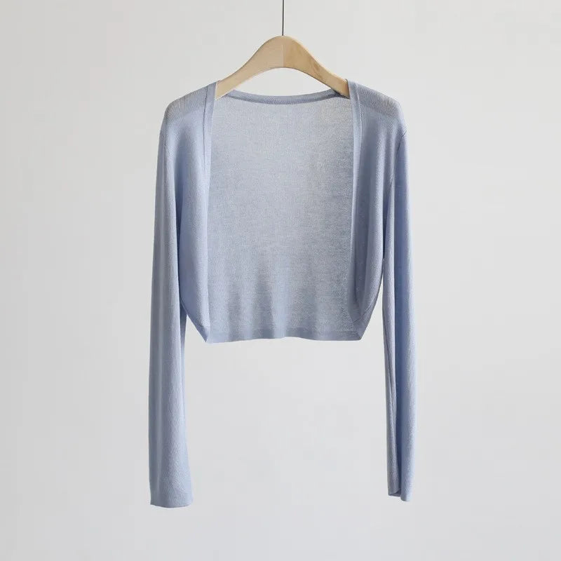 Gilet bolero corto da donna, leggero, tinta unita, aperto, a maniche lunghe