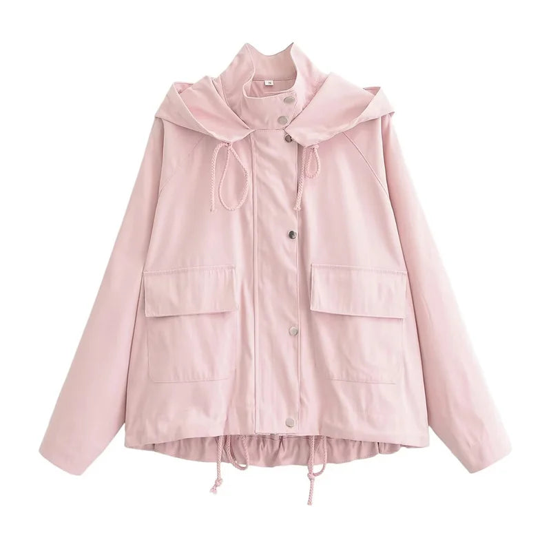 Veste légère à capuche pour femme rose poudré avec poches et cordons de serrage