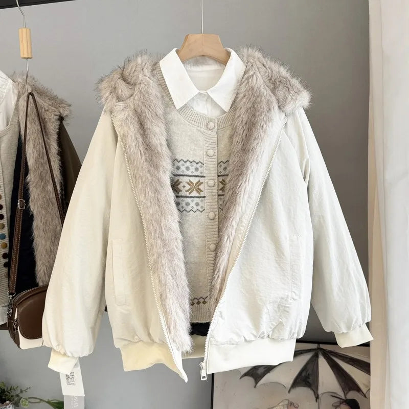 Veste bomber femme avec capuche bordée de fausse fourrure et fermeture éclair