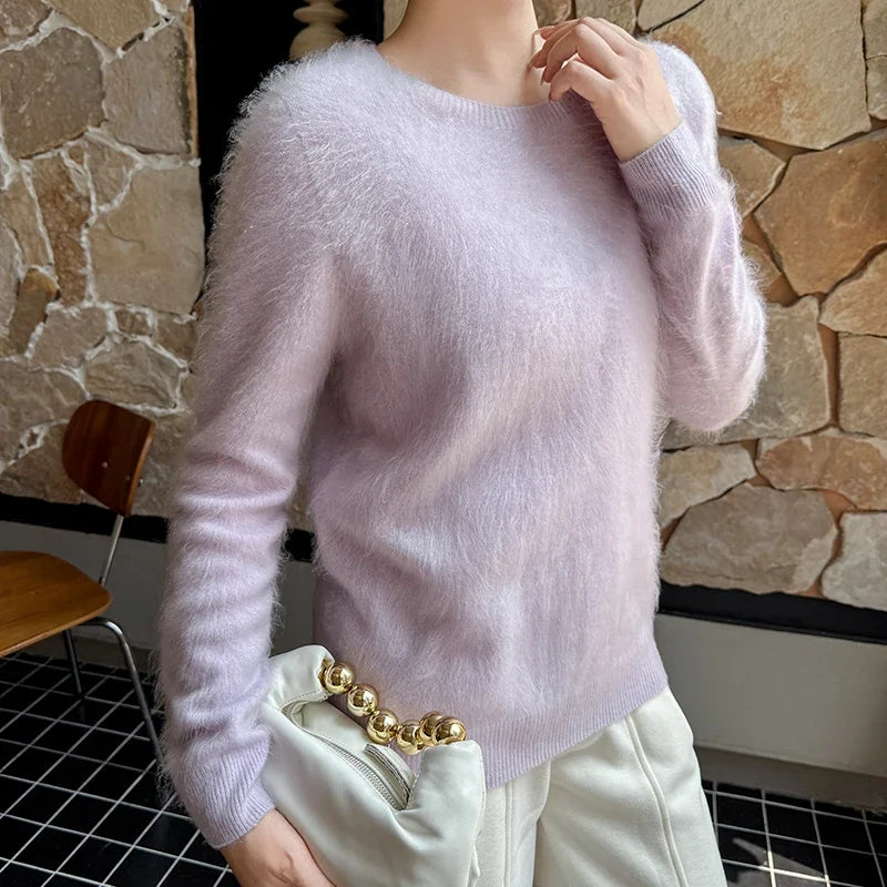 Kuscheliger Damenpullover mit Rundhalsausschnitt und langen Ärmeln aus weichem, flauschigem Material