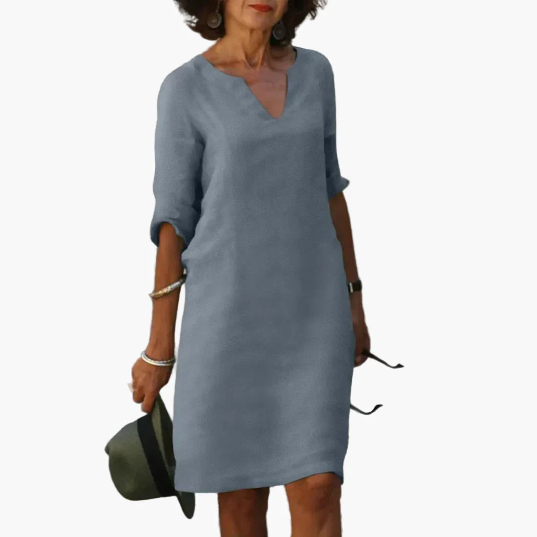 Robe Femme Élégante Décontractée à Col V et Manches 3/4 – Style Polyvalent pour Bureau et Loisirs