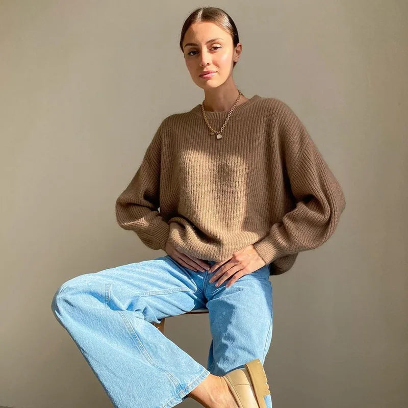 Jersey holgado de punto de canalé para mujer, con cuello redondo y mangas largas