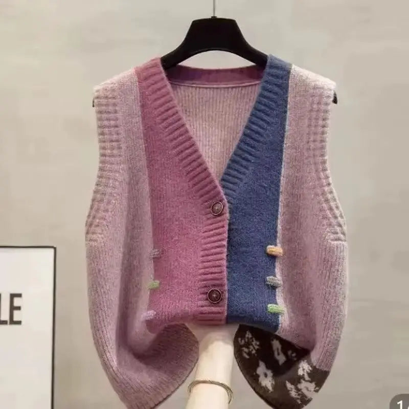Gilet da donna in maglia senza maniche, multicolore, con scollo a V e bottoni decorativi
