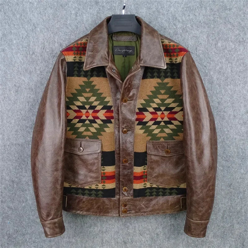 Veste Homme Patchwork Motifs Géométriques Col Chemise Boutons Style Western Beige