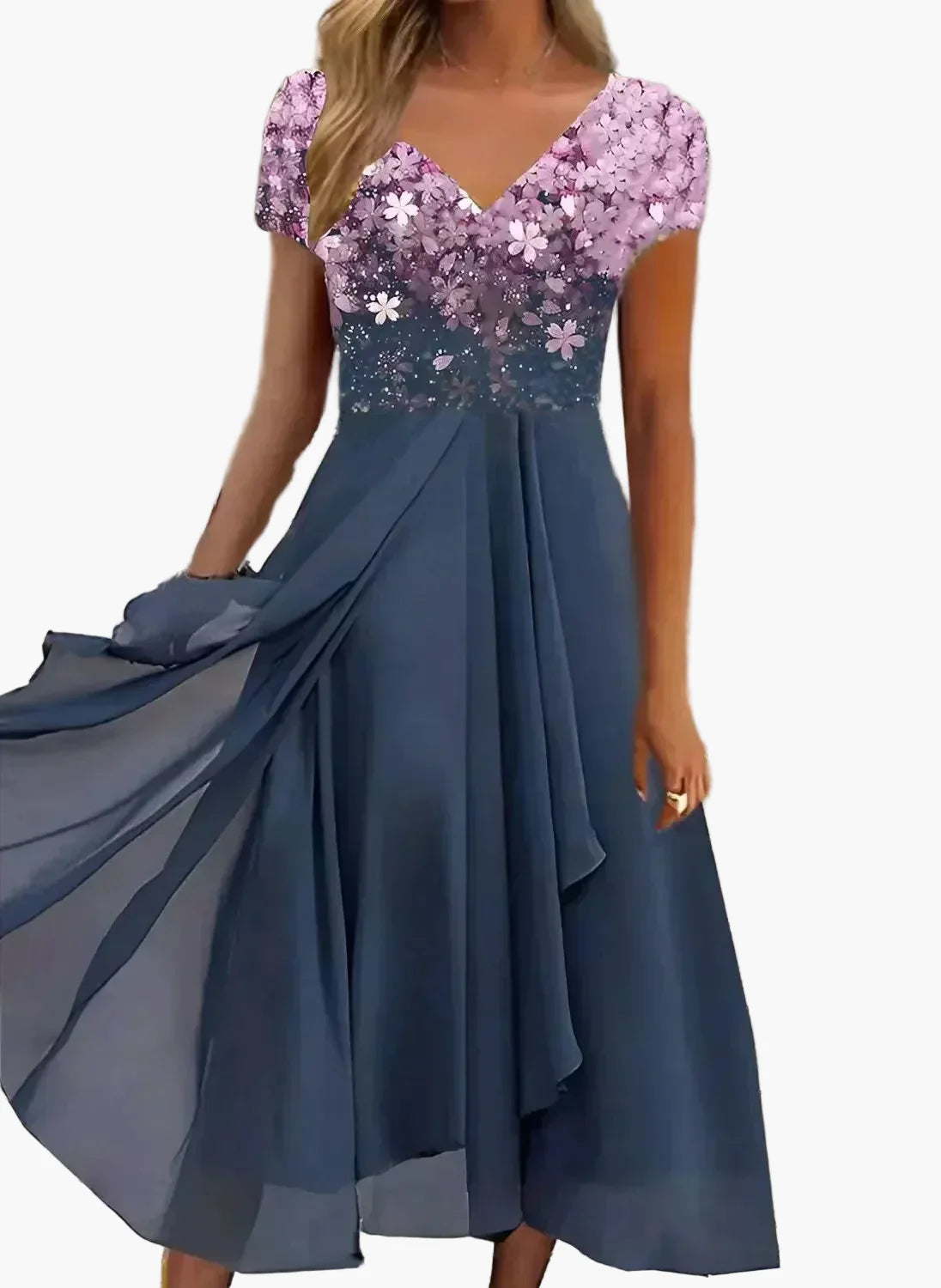 Robe élégante femme soirée chic à fleurs dégradées style moderne