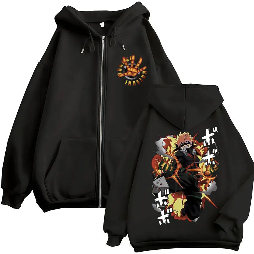 Sweat à capuche zippé imprimé motif fantaisie avec poches kangourou