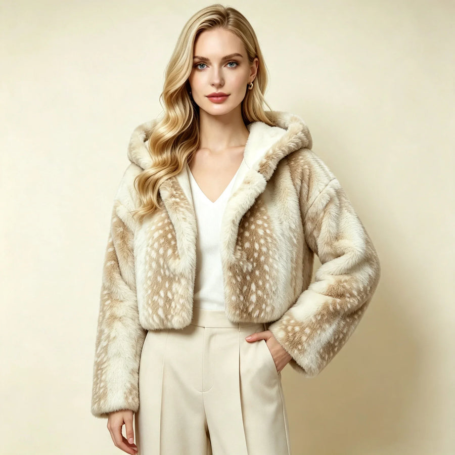 Kort damjacka med huva i mjukt material med beige mockaimitationstryck