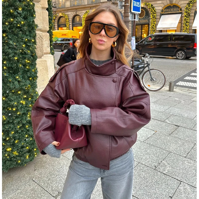 Veste courte style bombardier femme col montant asymétrique