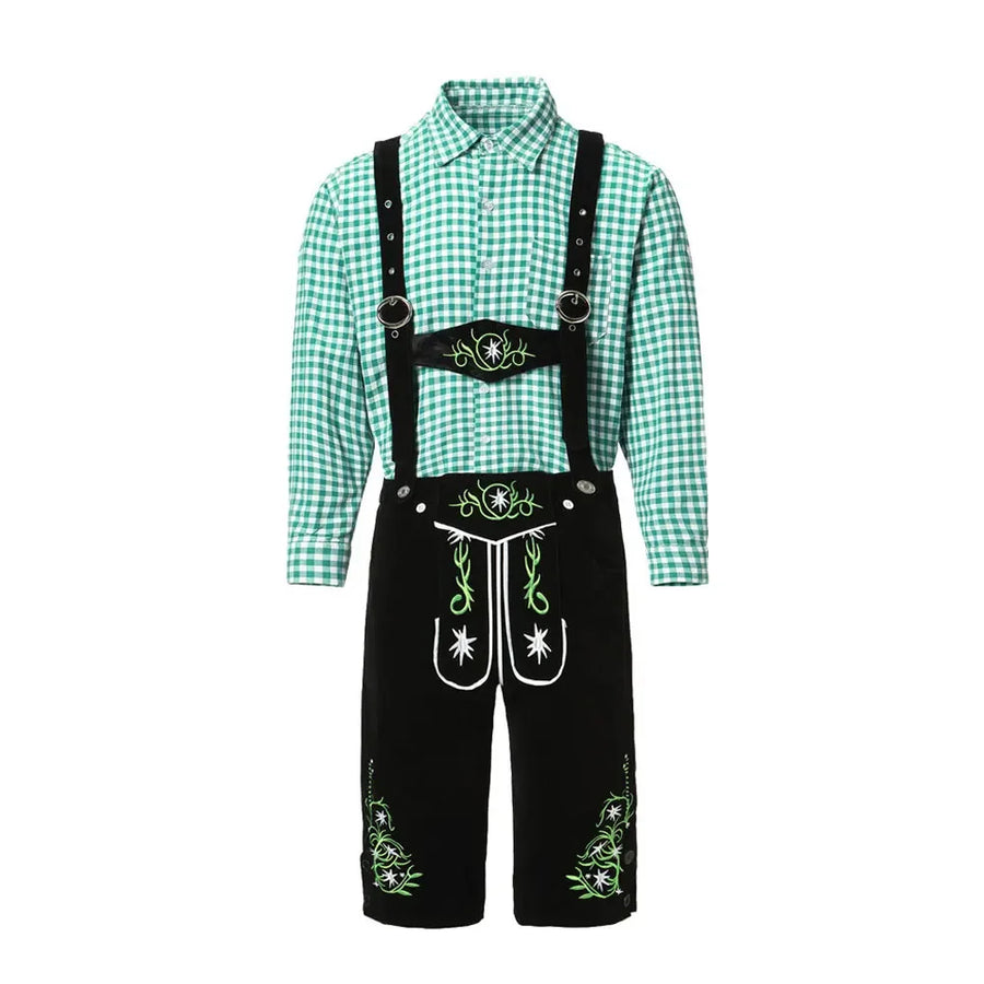 Completo da uomo in pelle con pantaloni corti tradizionali verdi a quadri e marroni ricamati oppure neri ricamati