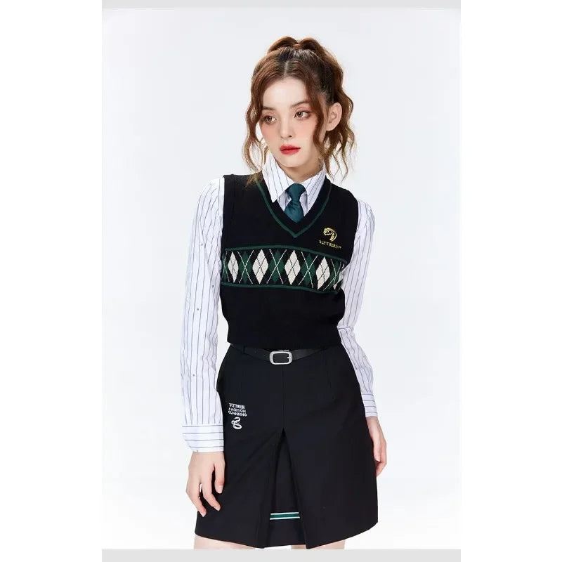 Gilet sans manches tricoté col V à motif losanges style preppy pour femme